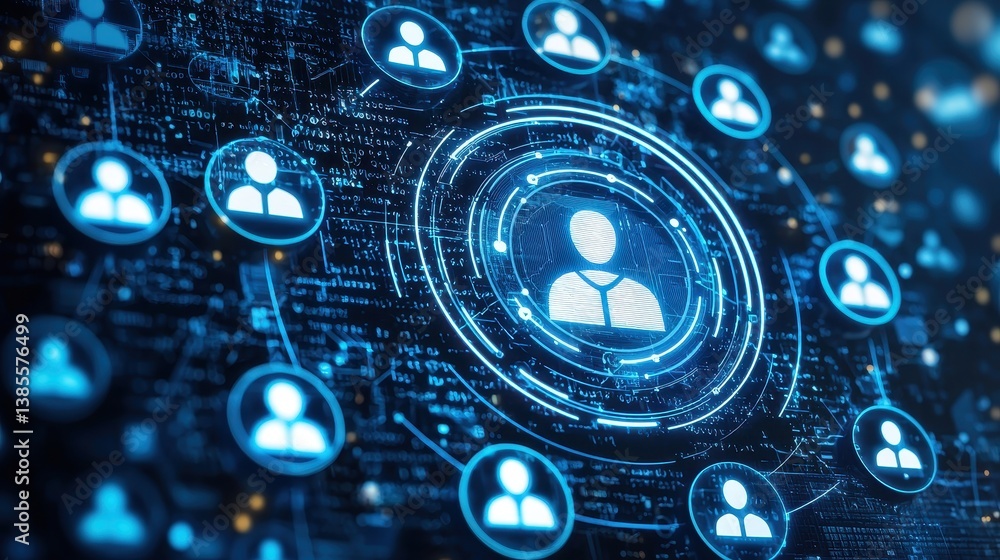 Poster futuristic digital network with human icons representing connections and interactions in a virtual s