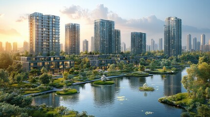 Fototapeta premium Urban Oasis: A serene cityscape with modern skyscrapers rising amidst a lush green parkland. The buildings are reflected in a tranquil lake, showcasing a harmonious blend of nature and urban design.