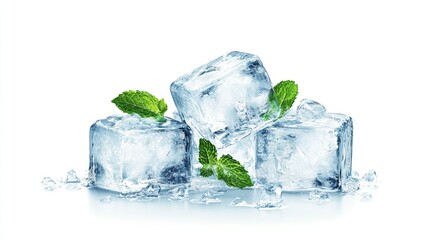Obraz premium Crystal ice cubes with mint leaf isolated on white background. isolated on white background, - Created using AI Generative Technology