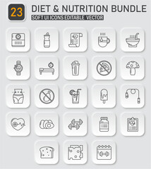Comprehensive Diet and Nutrition Icon Set for Wellness and Healthy Lifestyle Design