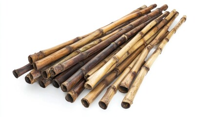 Pile of brown bamboo stalks isolated on white background.