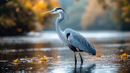 Naklejka premium Heron in the Water: A magnificent heron stands serenely in the tranquil water. captured in this beautiful photo