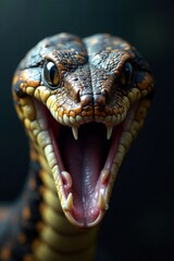 Fototapeta premium Snake's face takes center stage with sharp teeth and piercing stare, snake facial, closeup