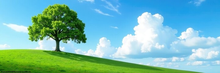 tree on a hill with a clear blue sky and fluffy white clouds, peaceful, scenery, cloud