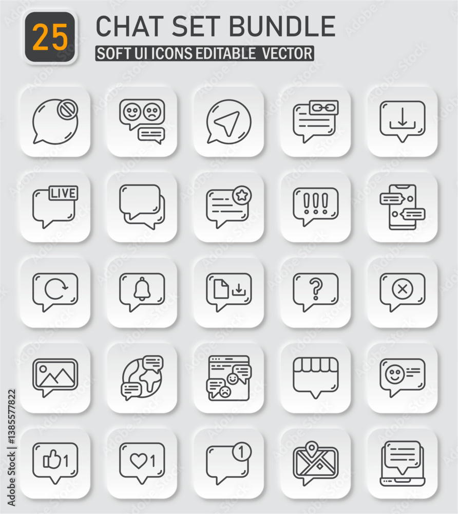 Poster neumorphic chat bubble icon set for ui design with editable vector elements