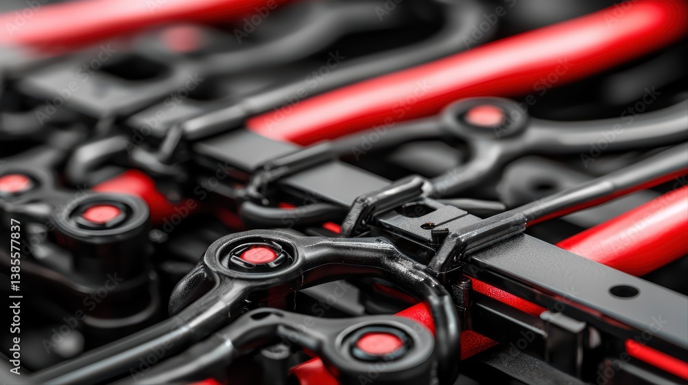 Aufkleber array of black and red hand tools for mechanical work