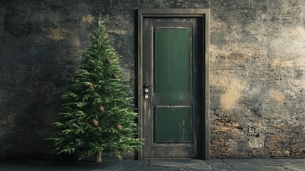 Green fir tree enters the door, Christmas is coming concept background