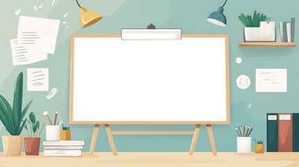 Blank whiteboard on easel in home office with plants, books, and stationery.
