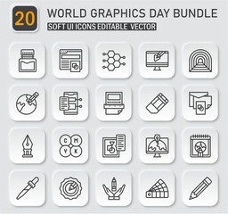 Comprehensive graphics day icon bundle featuring soft ui and editable vector options