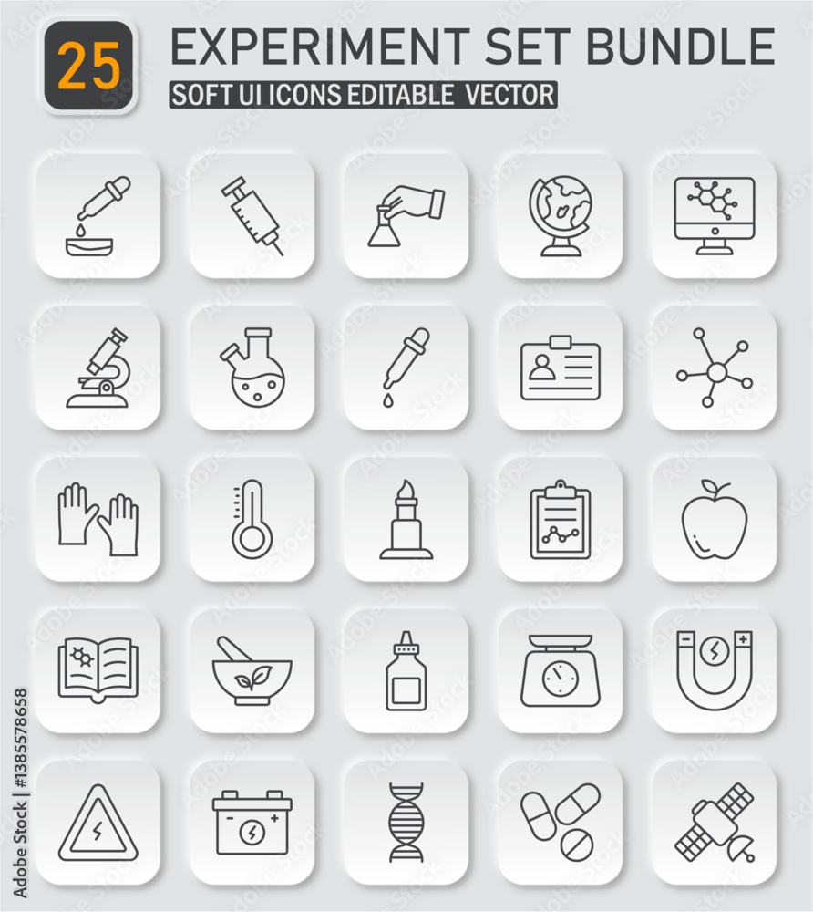 Poster experimentation soft ui icon collection bundle for scientific and laboratory concepts