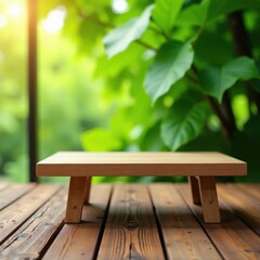Fototapeta premium Coffee table made of wood with blurred green leaf bokeh on wooden floor, coffee table, wooden floor, blurred