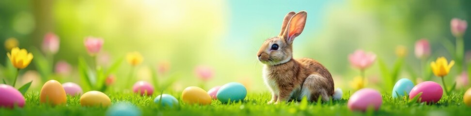 Fototapeta premium Colorful Easter bunny ears sitting on a field of flowers with eggs and greenery around them, bunny ears, meadow