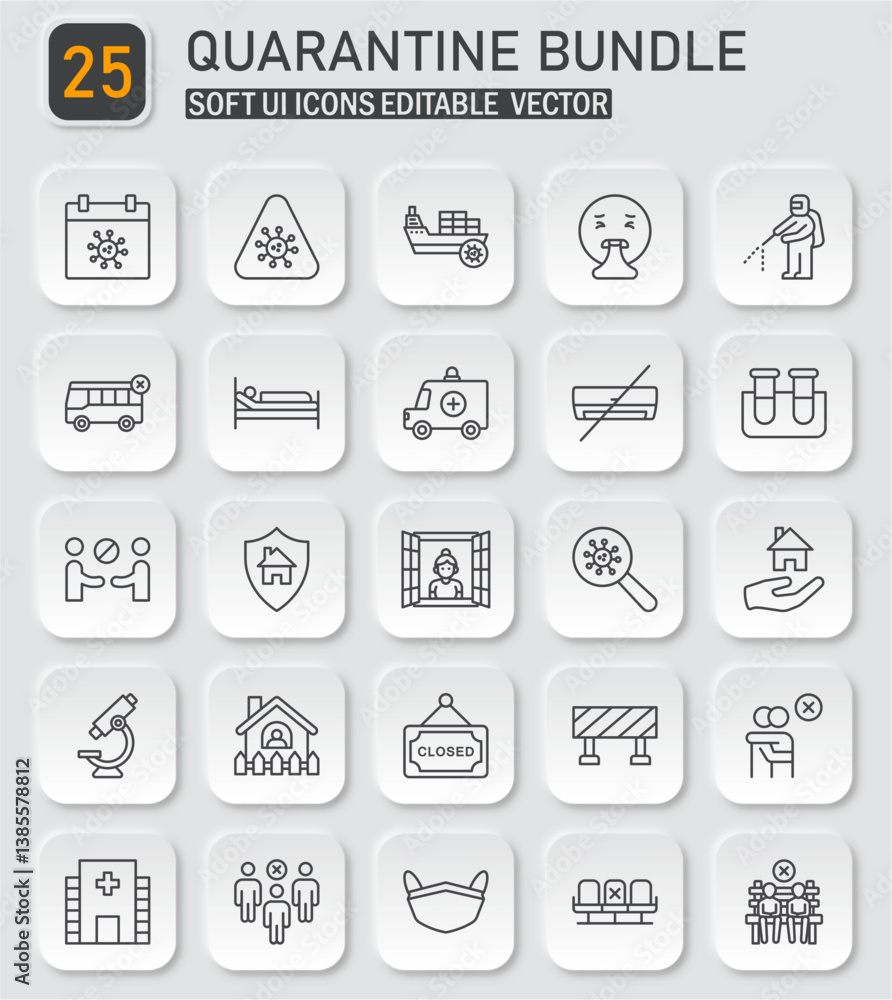 Poster collection of soft ui icons representing quarantine and related themes
