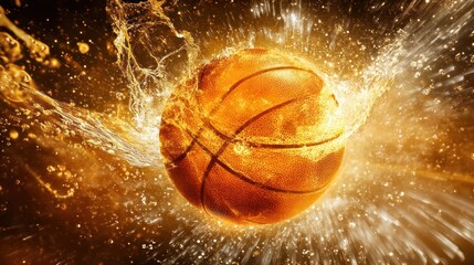 Fiery basketball exploding with water splash.