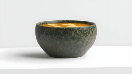 Spicy Korean Sundubu Jjigae with Tofu in Rustic Bowl on White Surface