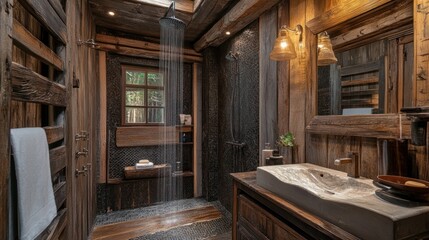 Rustic wooden bathroom with walk-in shower, stone sink, and reclaimed wood features.