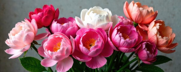 Colorful peonies arranged in a loose bunch with stems and leaves , spring flowers, illustration