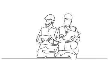 Continuous one line drawing of young architect discussing a construction project. Single line drawing illustration of architect brief. Building business concept vector art. Doodle line illustration.