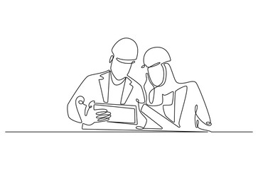 Continuous one line drawing of young architect discussing a construction project. Single line drawing illustration of architect brief. Building business concept vector art. Doodle line illustration.