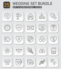 Complete wedding celebration icon set on modern neumorphism background, editable vectors