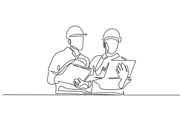Continuous one line drawing of young architect discussing a construction project. Single line drawing illustration of architect brief. Building business concept vector art. Doodle line illustration.