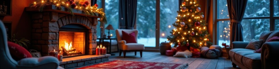 Fototapeta premium Cozy winter scene with decorated fireplace and snowflakes falling gently , chimney, wintery, peaceful