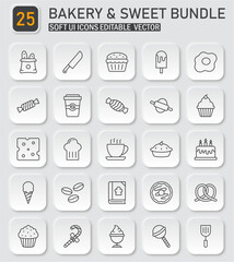 Collection of bakery and sweet icons for dessert themed projects and designs