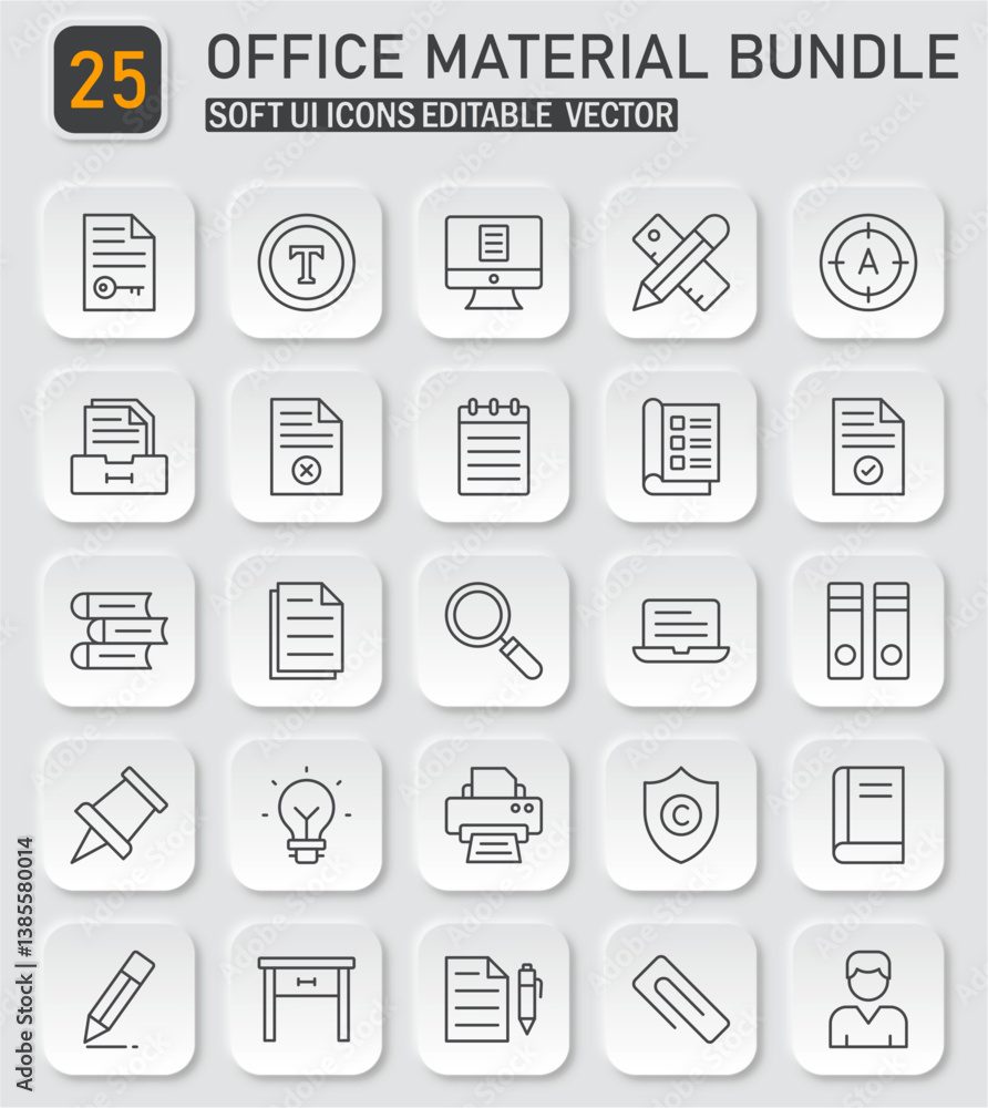 Poster collection of 25 soft ui office material icons for editable vector graphics