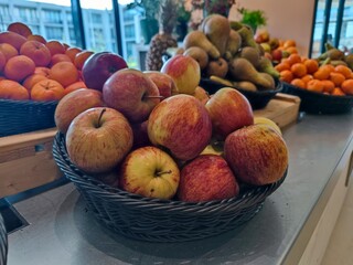 Delicious variety of diverse fruits at a fruit bar at a self service buffet restaurant in a luxury hotel