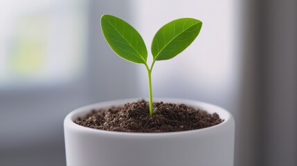 Green plant sprout emerging from soil in white pot