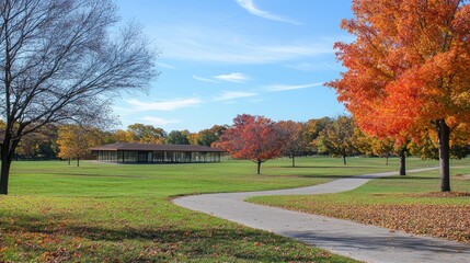 A beautiful autumn park with fallen leaves, orange and red trees, and a calm walkway. The wide open space creates ample room for copy.