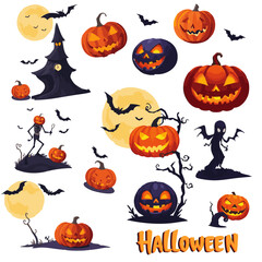 Halloween Pumpkin Moon Bat  Vector  Set HD
