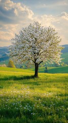 Obraz premium A single blooming tree in a meadow, covered in lush white blossoms