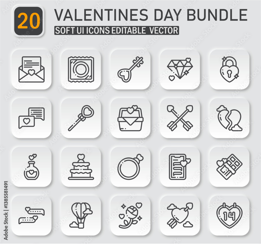 Poster romantic valentine's day icons collection in soft ui style for web and mobile design