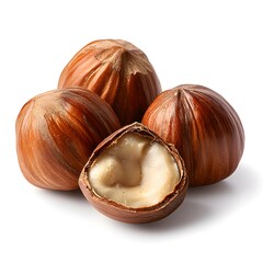 Four whole hazelnuts and one open hazelnut showcasing its creamy interior are arranged against a clean white background.