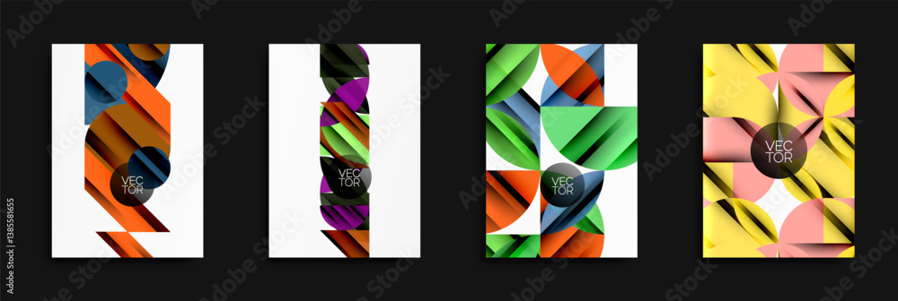 Poster Abstract geometric designs dominate. Vivid colors, overlapping shapes create dynamic compositions. Modern vector illustrations suitable for backgrounds, posters, branding. Clean aesthetic, minimalist 