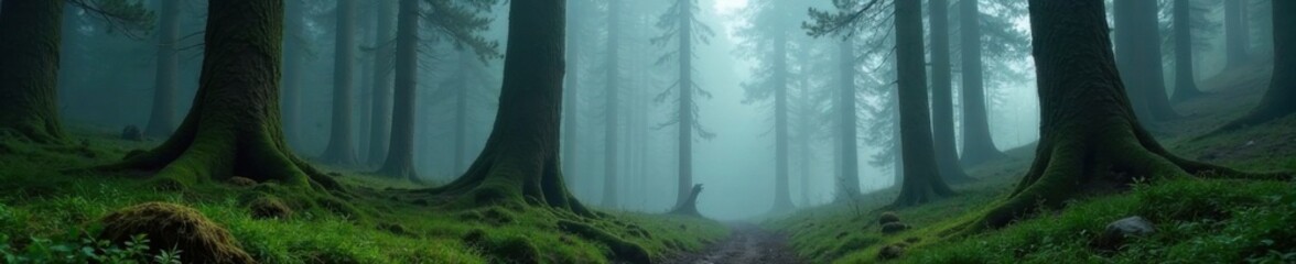Dense fir forest with misty veil, twisted tree trunks, moss-covered bark , misty, vintage, fir