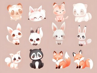 Funny cartoon animal faces set with cute pets like cat dog pig and bear