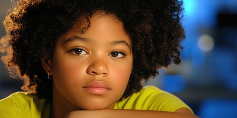 A girl with curly hair rests her chin on her hand, displaying a thoughtful expression. The background features soft blue lighting, creating a serene atmosphere in the late afternoon