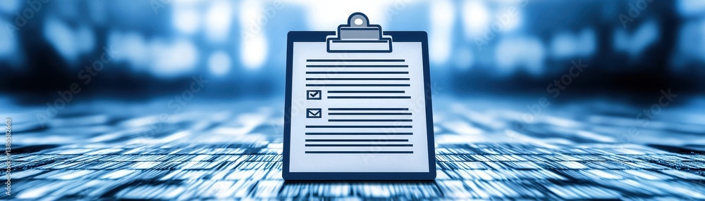Poster clipboard with checklist on a blurred background in a modern office environment for organizational t