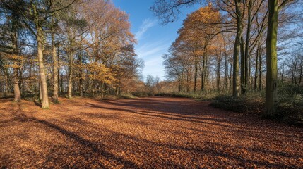Naklejka premium A colorful autumn forest with golden leaves on the ground and bright blue skies overhead. The vibrant foliage offers ample space for copy.