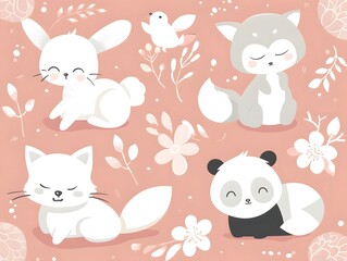 Cute Cartoon Animal Pattern with Cats Birds and Other Pets