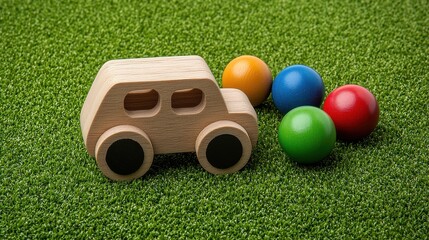 Naklejka premium Wooden Toy Car and Colorful Balls on Green Grass Surface