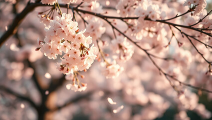 Obraz premium Cherry Blossom Bloom – Serene Springtime Sakura Tree in Soft Golden Light.