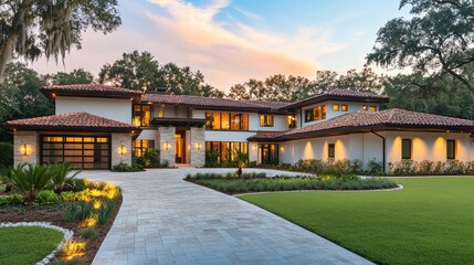 Fototapeta premium A contemporary two-story house with a rooftop garden, elegant landscaping, and soft evening lights. Copy space.