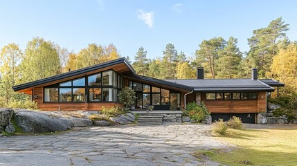 Fototapeta premium A cozy Scandinavian home with wooden cladding, a sloping roof, and sleek, modern lines. Clean surroundings and copy space.