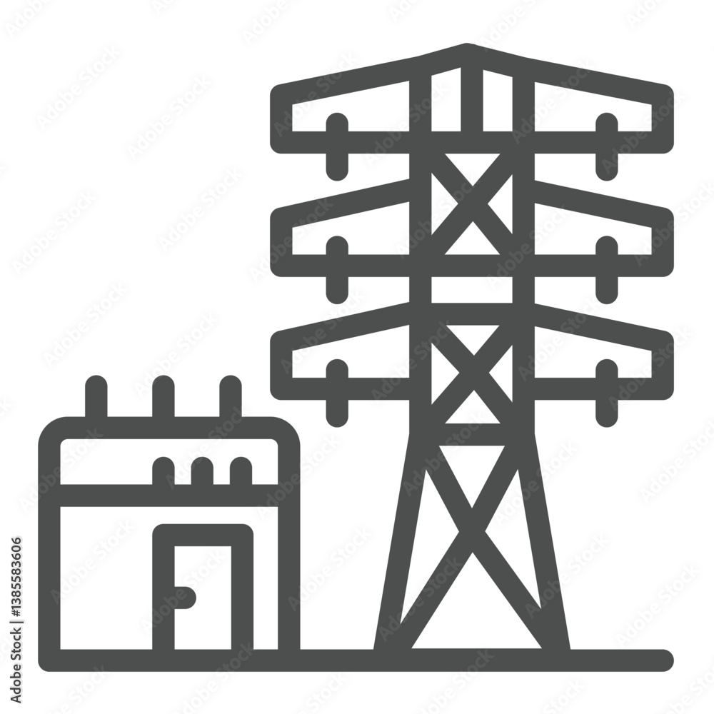 Poster transformer and high voltage tower pole line icon, electrical service concept. vector graphics. elec