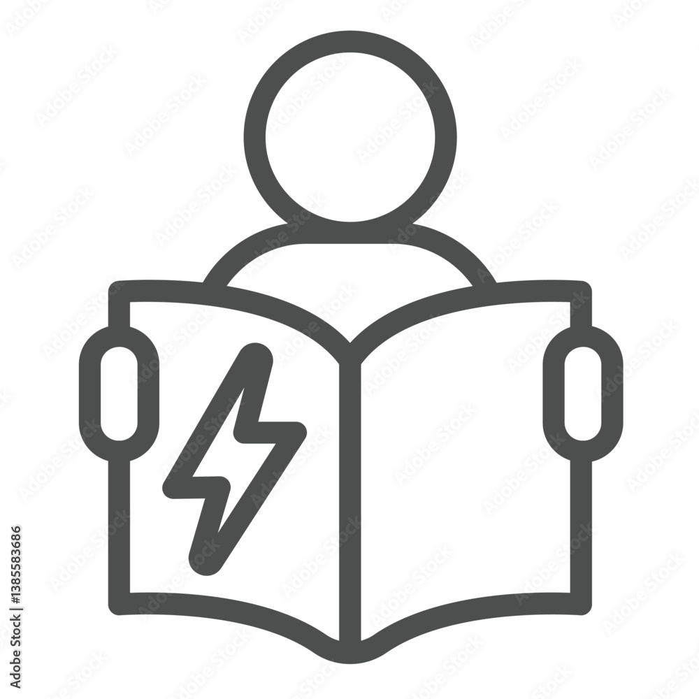 Aufkleber man with journal and lightning line icon, electrical service concept. vector graphics. electrician w