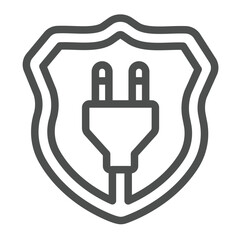 Fork on safety emblem line icon, electrical service concept. Vector graphics. Shield with plug and cord, protection sign on white background, outline style icon for mobile or web design.