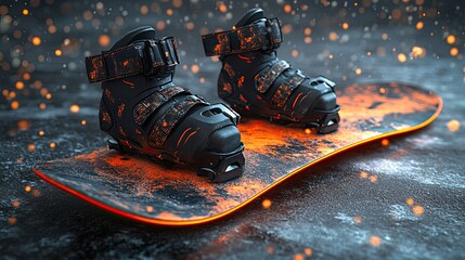Snowboard and boots: Close-up shot of snowboard with black and orange boots, ready for winter activities, creating dynamic feel and energetic sensation. 